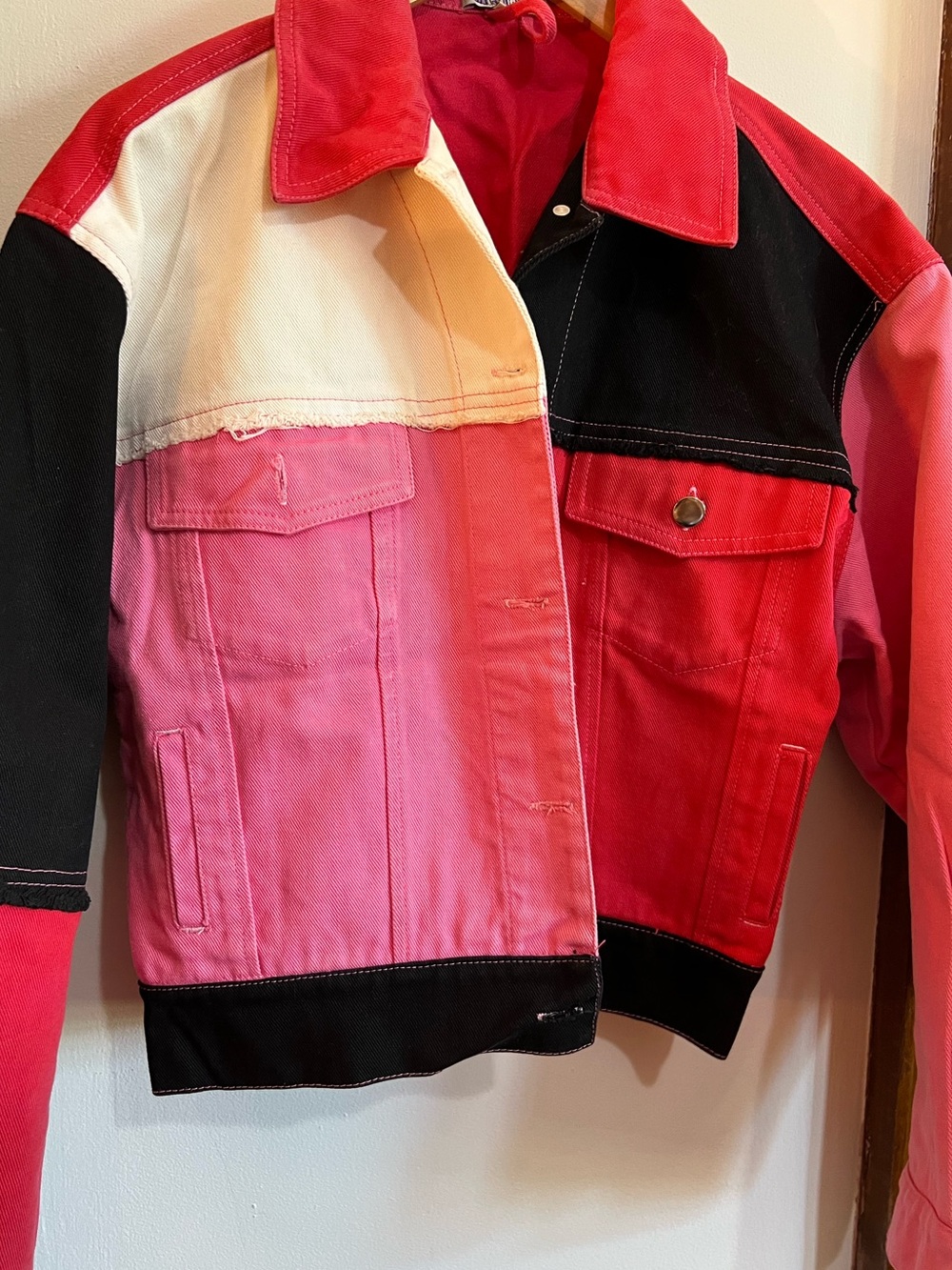 Cute Mistake Pink Red Denim Jacket with Colorblock Detail